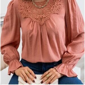 Blu Pepper Lace Yoke Long Sleeve Lightweight Blouse NEW- Sienna